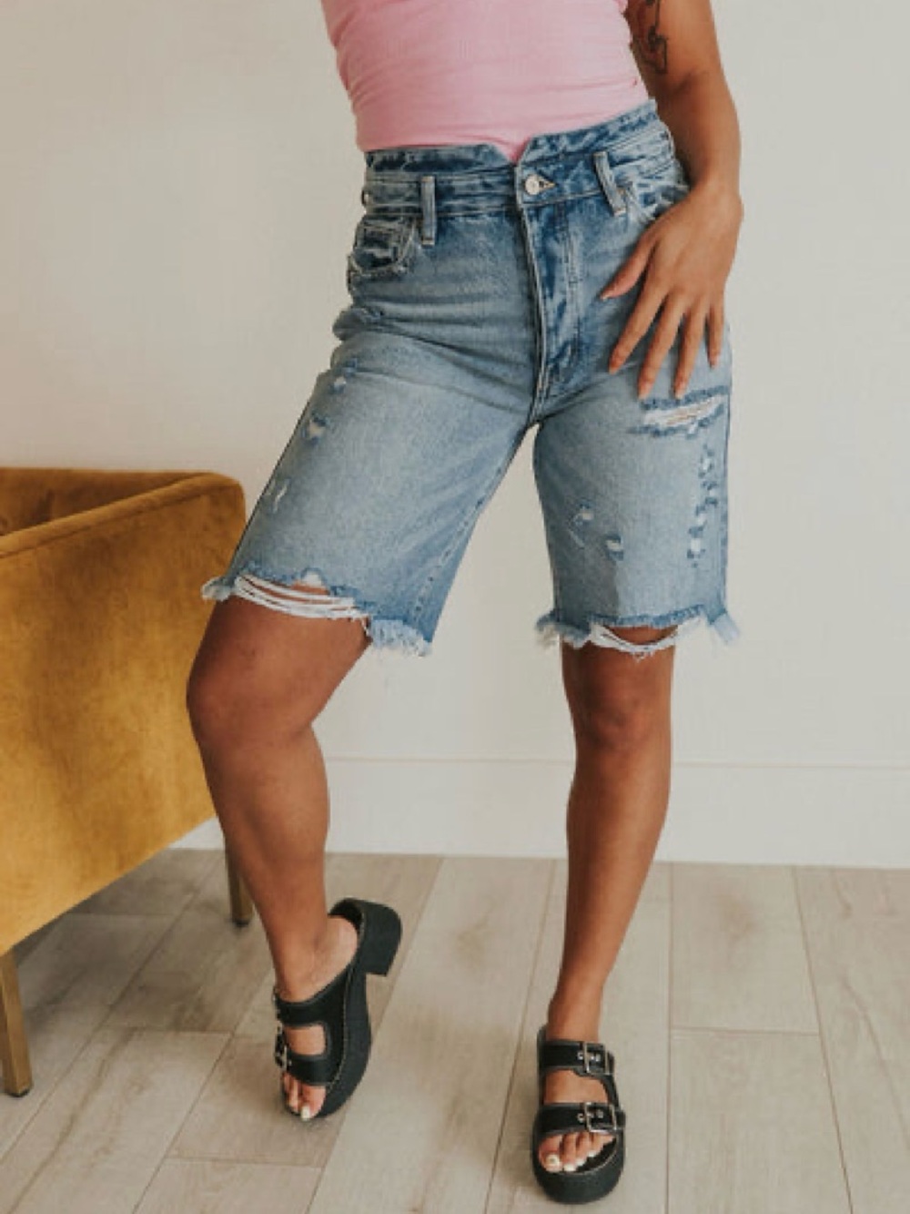 KanCan Light Blue Distressed Denim Bermuda Shorts